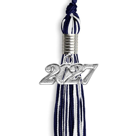 Navy Blue/White Mixed Color Graduation Tassel with Silver Bling Charm by Wholesale Grad Supply