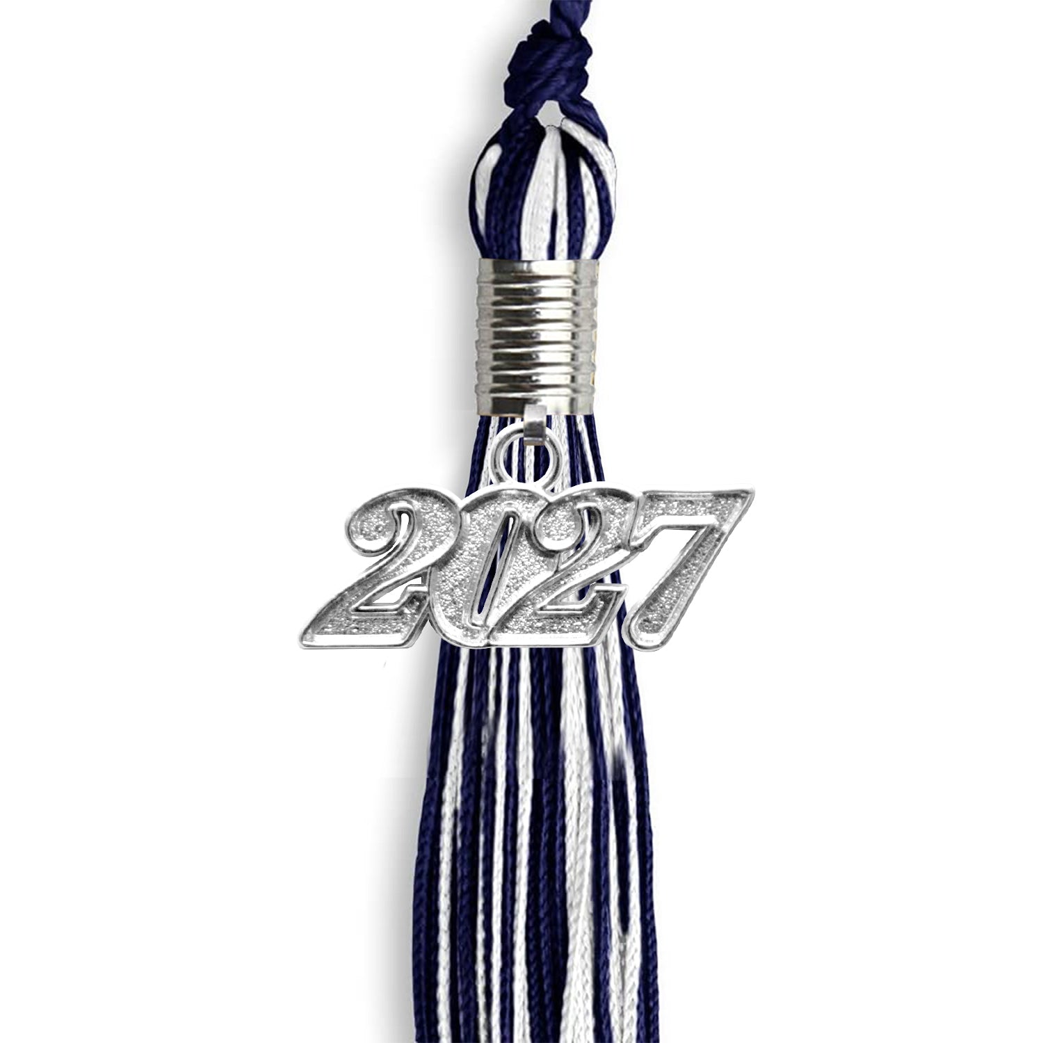 Navy Blue/White Mixed Color Graduation Tassel with Silver Bling Charm by Wholesale Grad Supply