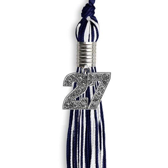 Navy Blue/White Mixed Color Graduation Tassel with Silver Bling Charm by Wholesale Grad Supply