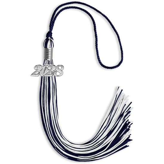 Navy Blue/White Mixed Color Graduation Tassel with Silver Bling Charm by Wholesale Grad Supply