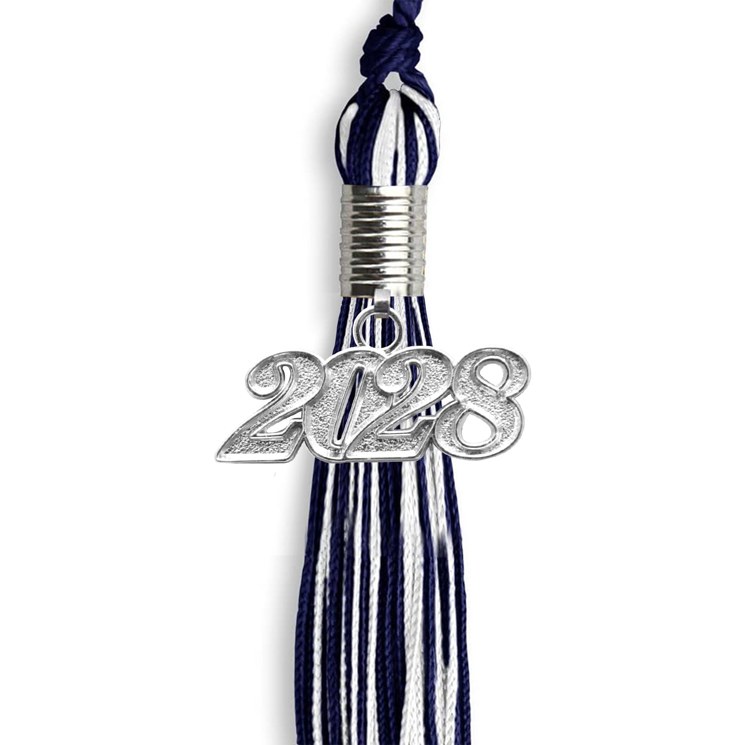 Navy Blue/White Mixed Color Graduation Tassel with Silver Bling Charm by Wholesale Grad Supply