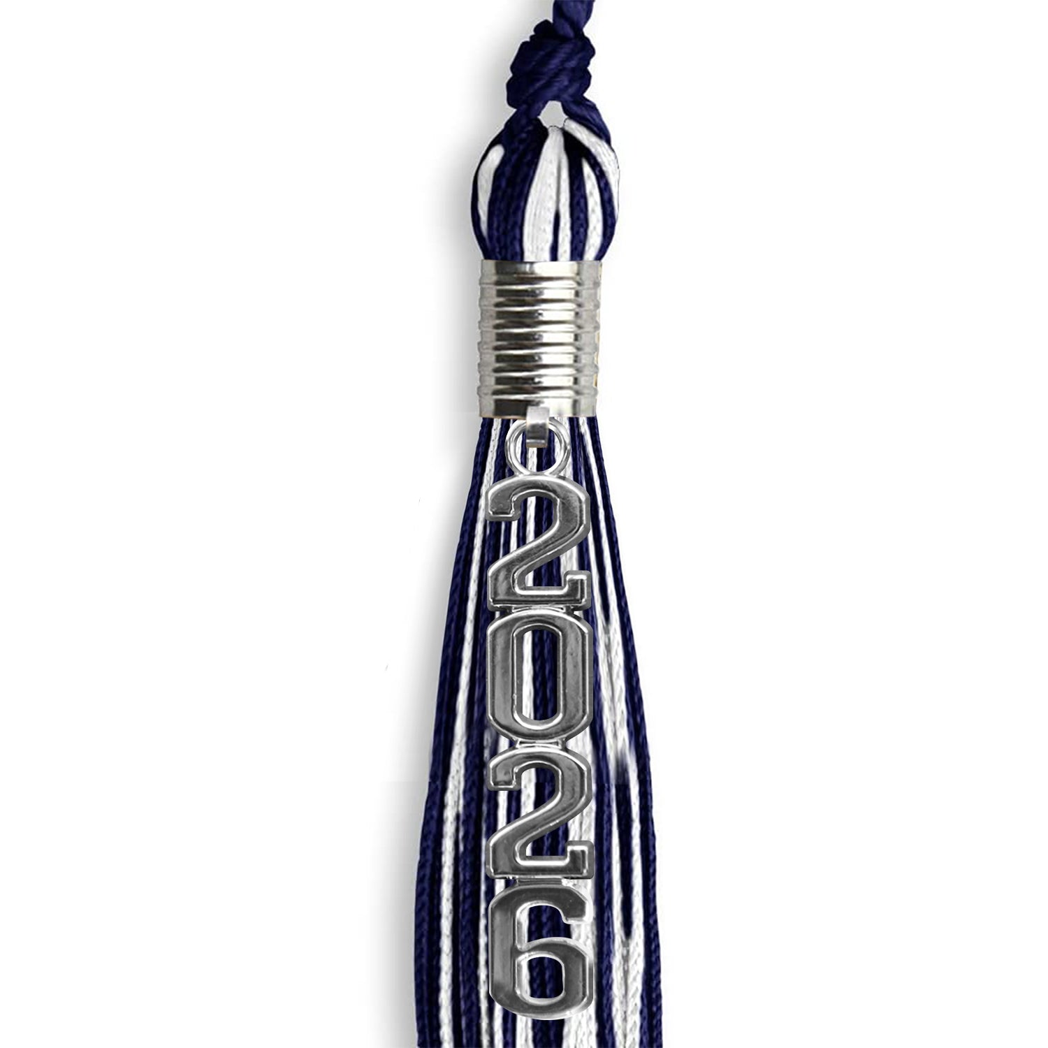 Navy Blue/White Mixed Color Graduation Tassel with Stacked Silver Date Drop by Wholesale Grad Supply