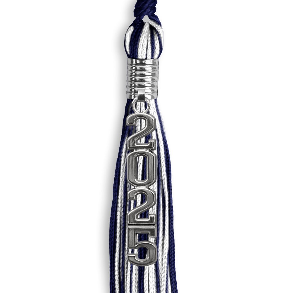Navy Blue/White Mixed Color Graduation Tassel with Stacked Silver Date Drop by Wholesale Grad Supply