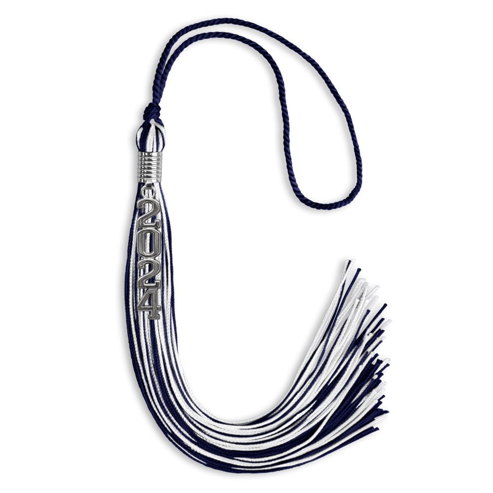 Navy Blue/White Mixed Color Graduation Tassel with Stacked Silver Date Drop by Wholesale Grad Supply