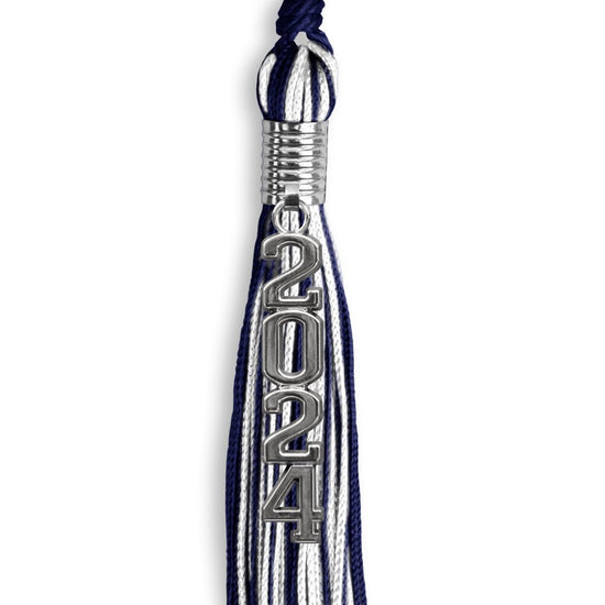 Navy Blue/White Mixed Color Graduation Tassel with Stacked Silver Date Drop by Wholesale Grad Supply