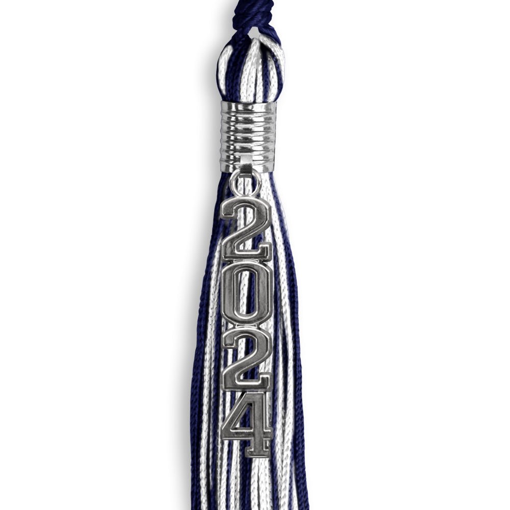 Navy Blue/White Mixed Color Graduation Tassel with Stacked Silver Date Drop by Wholesale Grad Supply