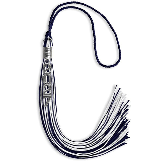 Navy Blue/White Mixed Color Graduation Tassel with Stacked Silver Date Drop by Wholesale Grad Supply