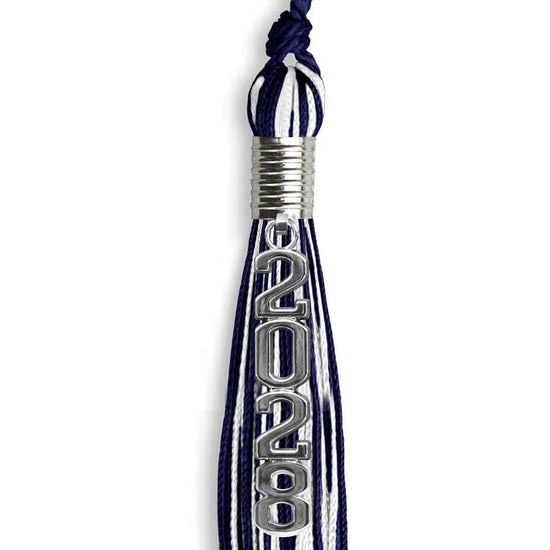 Navy Blue/White Mixed Color Graduation Tassel with Stacked Silver Date Drop by Wholesale Grad Supply