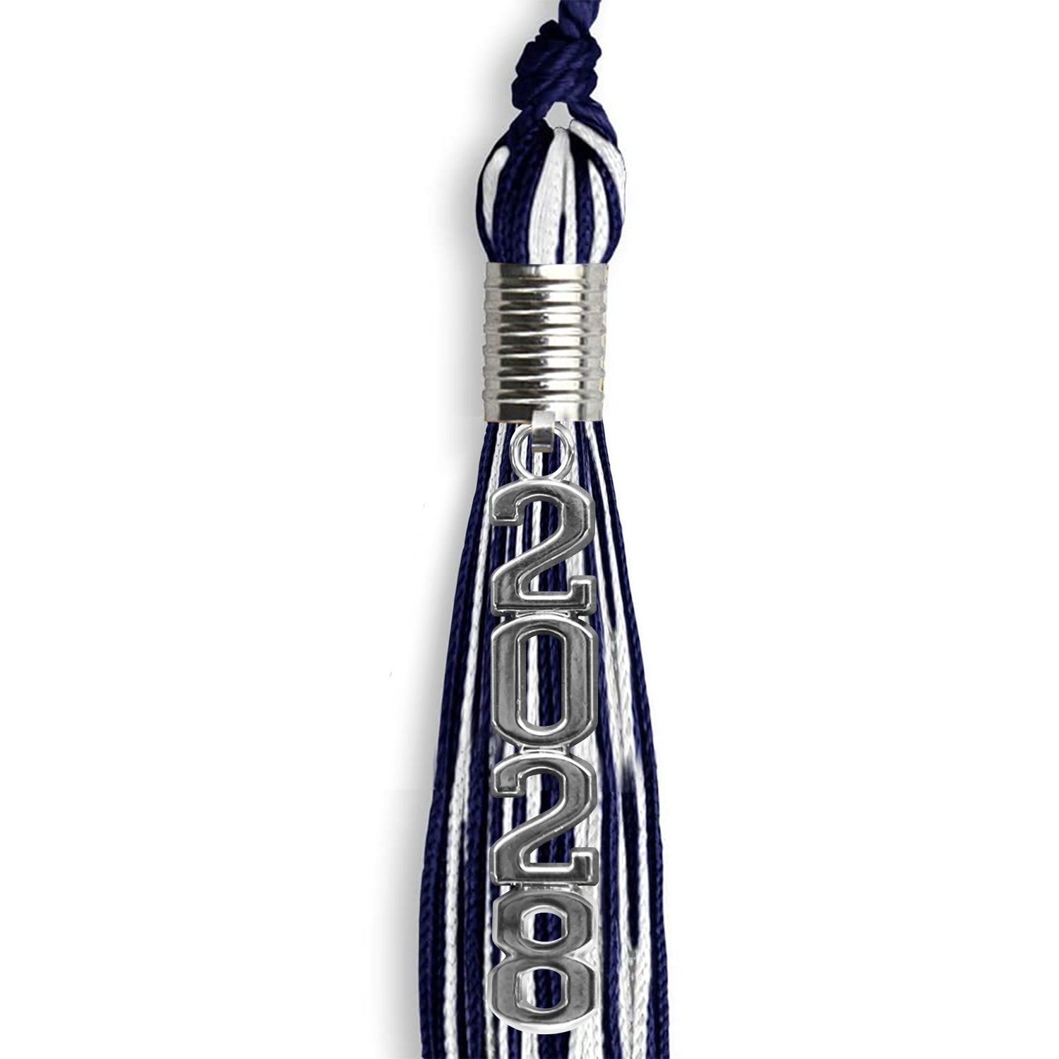Navy Blue/White Mixed Color Graduation Tassel with Stacked Silver Date Drop by Wholesale Grad Supply