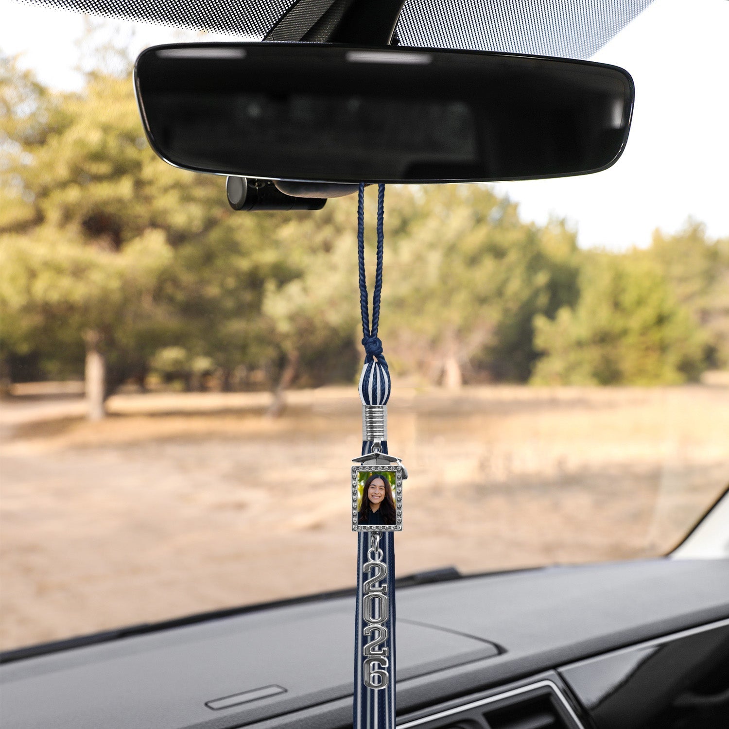 Navy Blue/White Tassel with Photo Frame Charm and Stacked Date Drop by Wholesale Grad Supply