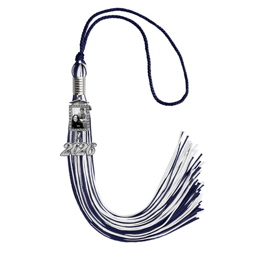 Navy Blue/White Tassel with Photo Frame Charm and Year Date Drop by Wholesale Grad Supply