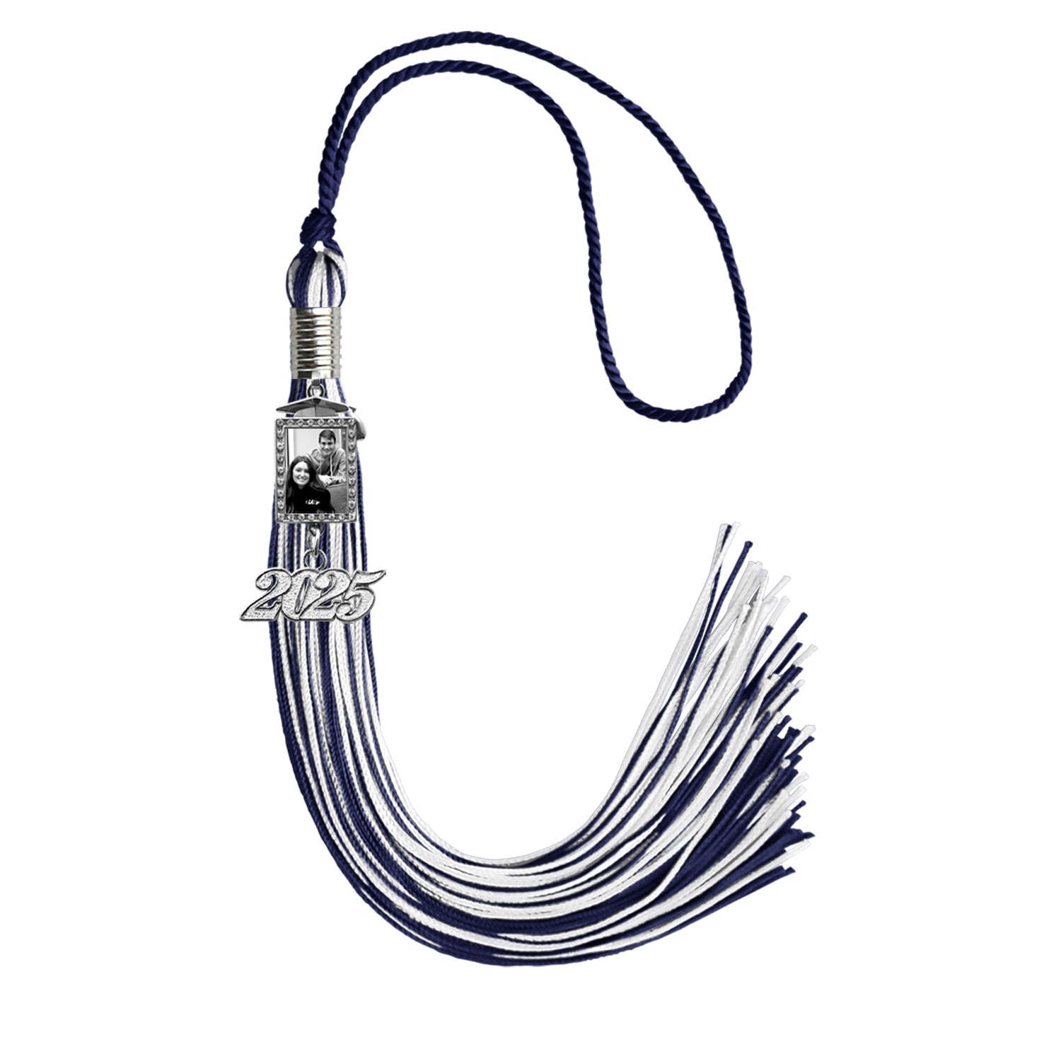 Navy Blue/White Tassel with Photo Frame Charm and Year Date Drop by Wholesale Grad Supply