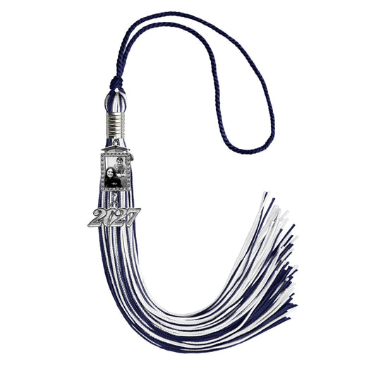 Navy Blue/White Tassel with Photo Frame Charm and Year Date Drop by Wholesale Grad Supply