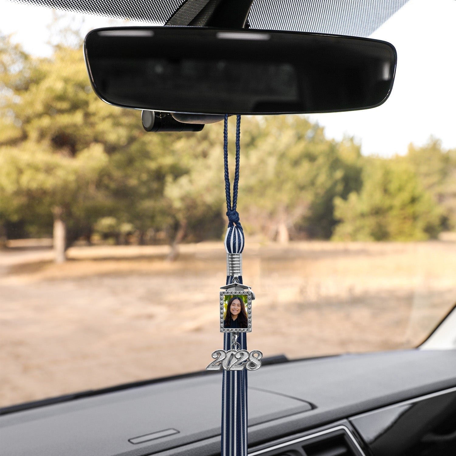 Navy Blue/White Tassel with Photo Frame Charm and Year Date Drop by Wholesale Grad Supply