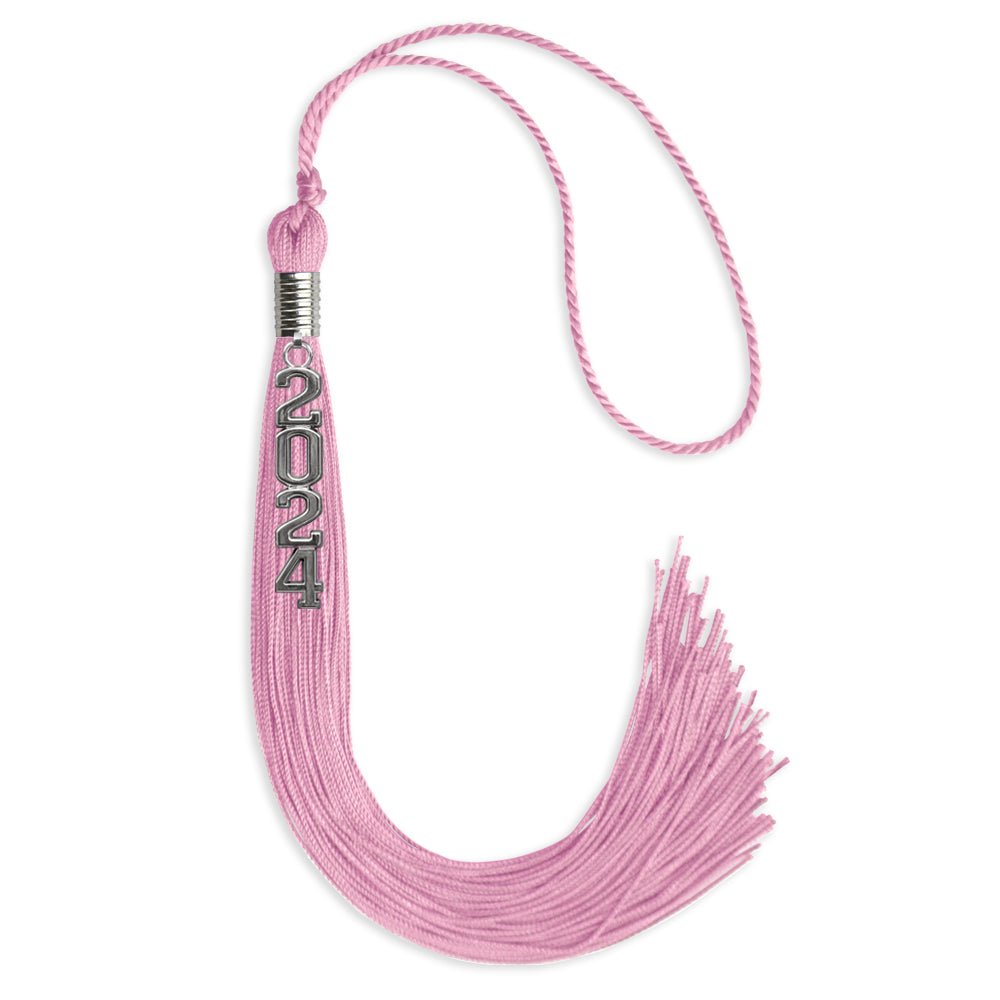 Pink Graduation Tassel with Silver Stacked Date Drop by Wholesale Grad Supply