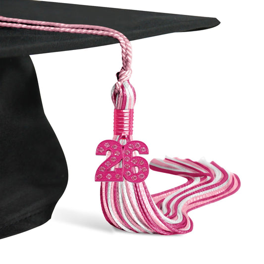 Pink/Hot Pink/White Mixed Color Graduation Tassel with Pink Date Drop by Wholesale Grad Supply