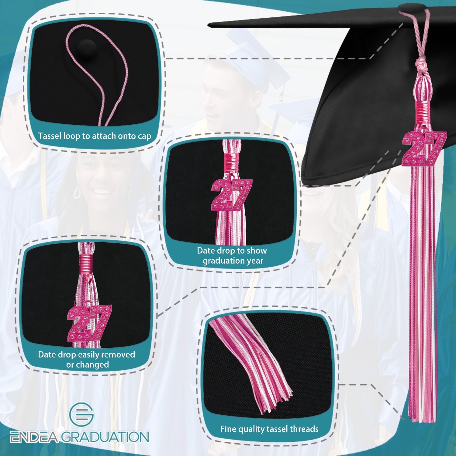 Pink/Hot Pink/White Mixed Color Graduation Tassel with Pink Date Drop by Wholesale Grad Supply