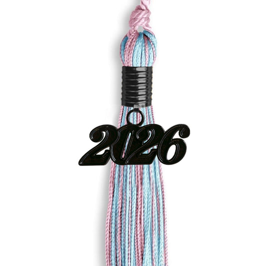 Pink/Light Blue Mixed Color Graduation Tassel with Black Bling Charm by Wholesale Grad Supply