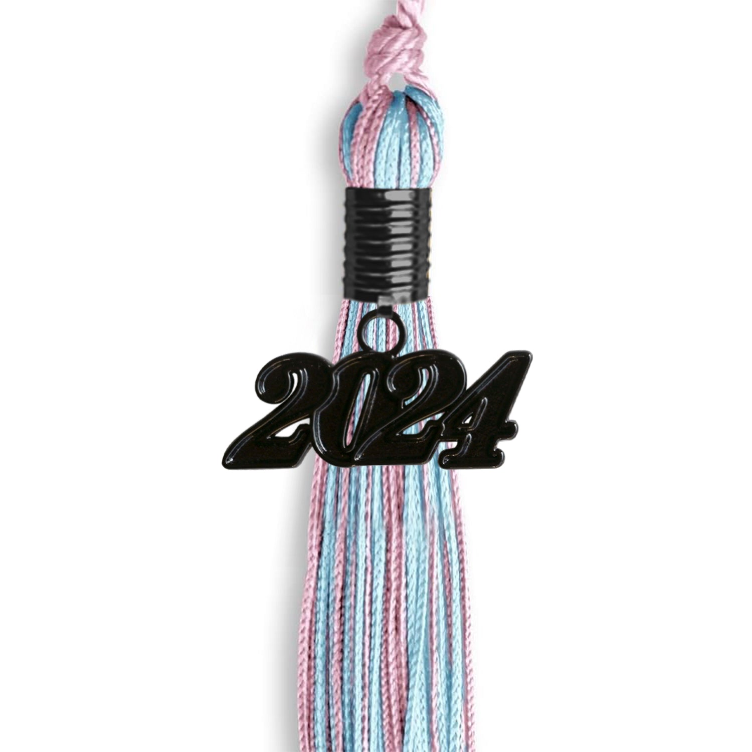 Pink/Light Blue Mixed Color Graduation Tassel with Black Bling Charm by Wholesale Grad Supply