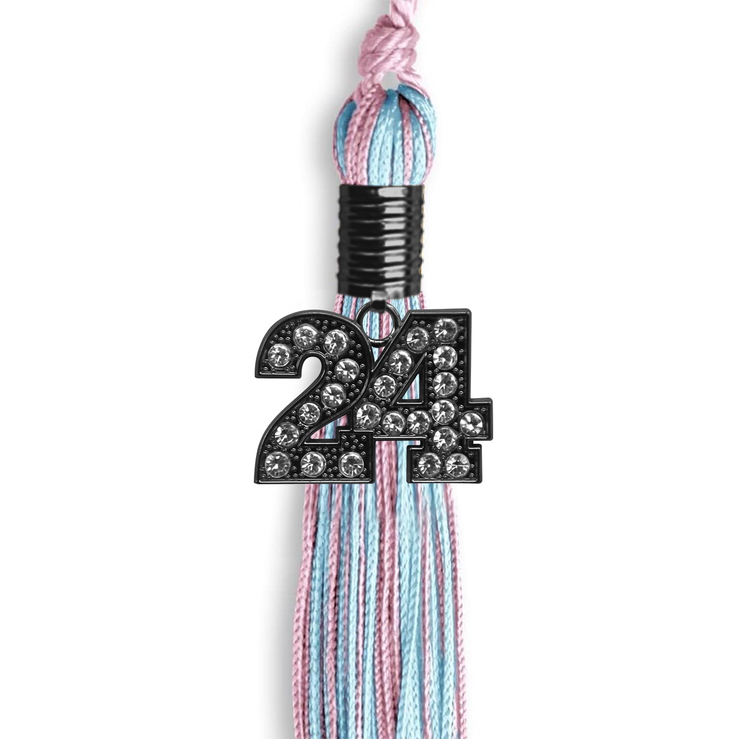 Pink/Light Blue Mixed Color Graduation Tassel with Black Bling Charm by Wholesale Grad Supply