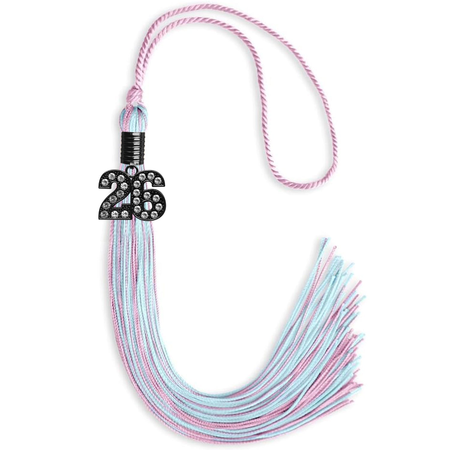 Pink/Light Blue Mixed Color Graduation Tassel with Black Bling Charm by Wholesale Grad Supply