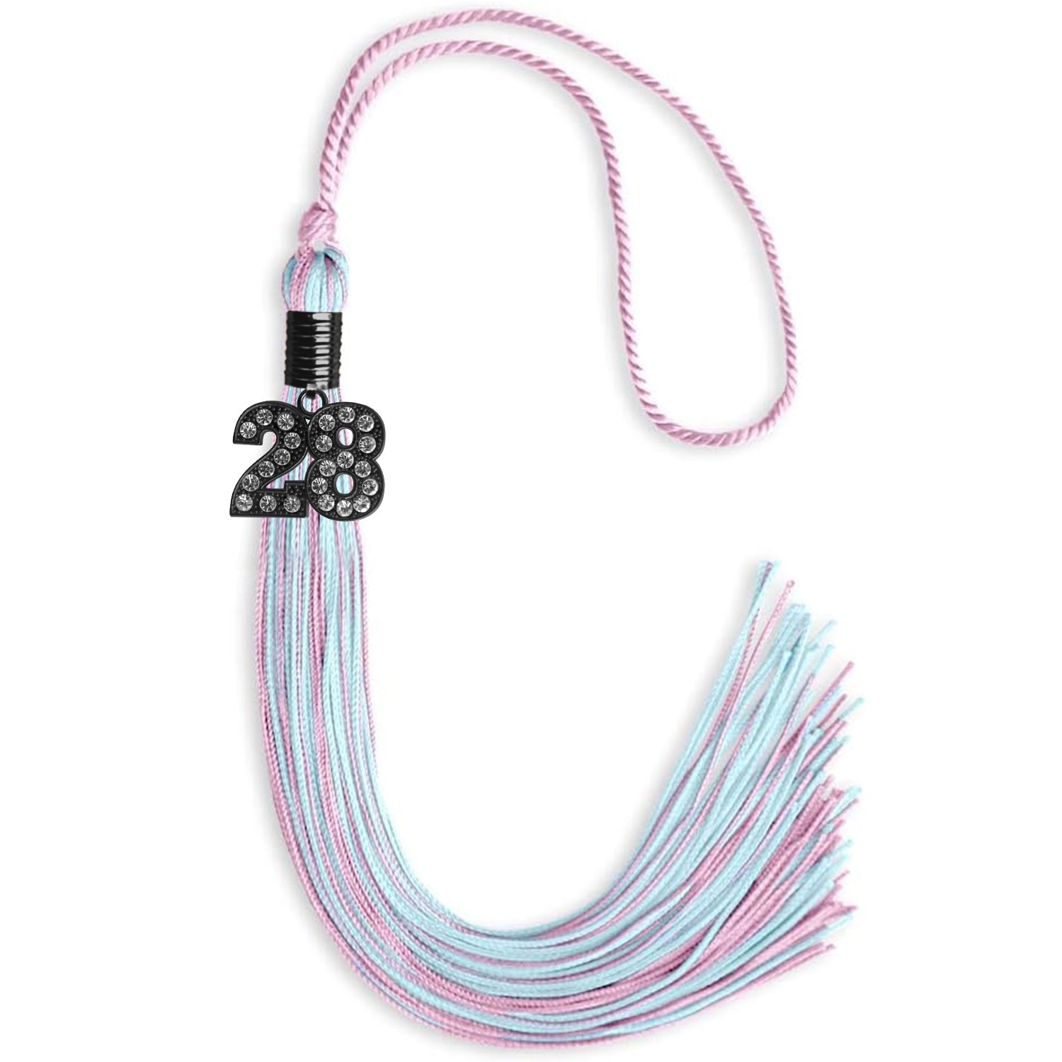Pink/Light Blue Mixed Color Graduation Tassel with Black Bling Charm by Wholesale Grad Supply