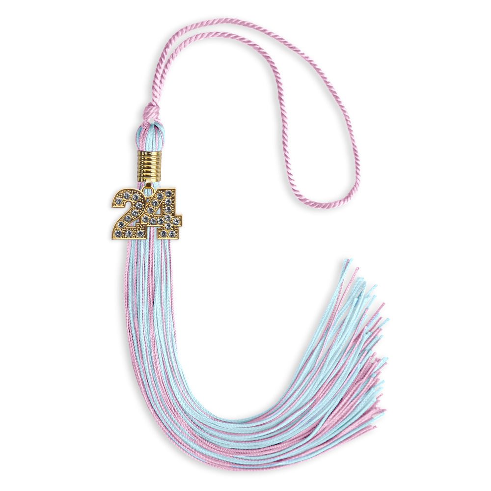 Pink/Light Blue Mixed Color Graduation Tassel with Gold Bling Charm by Wholesale Grad Supply