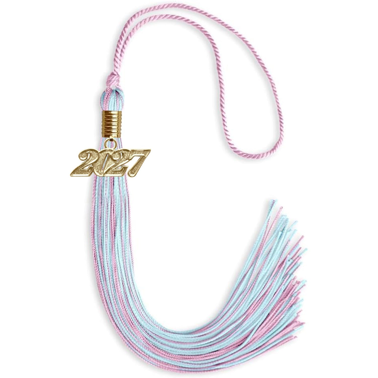 Pink/Light Blue Mixed Color Graduation Tassel with Gold Bling Charm by Wholesale Grad Supply