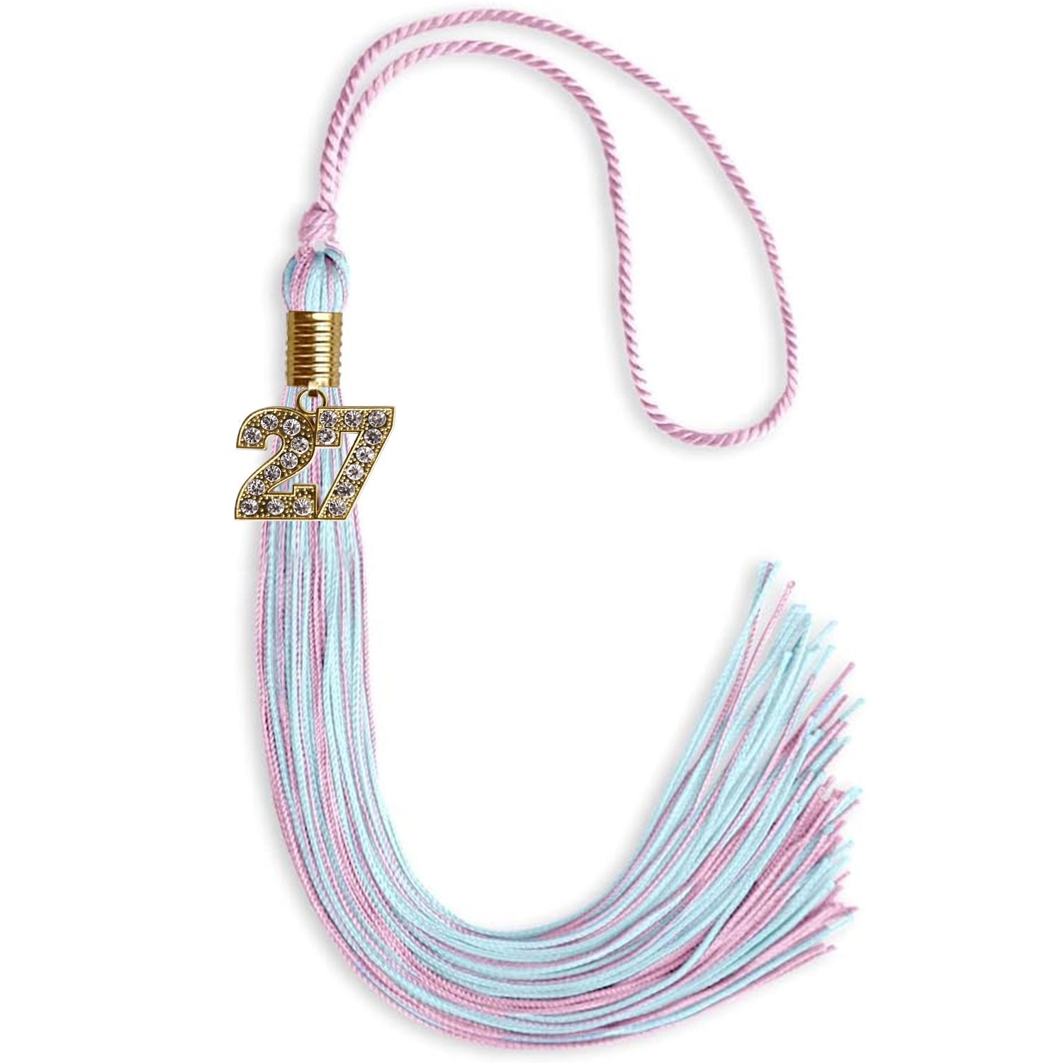 Pink/Light Blue Mixed Color Graduation Tassel with Gold Bling Charm by Wholesale Grad Supply