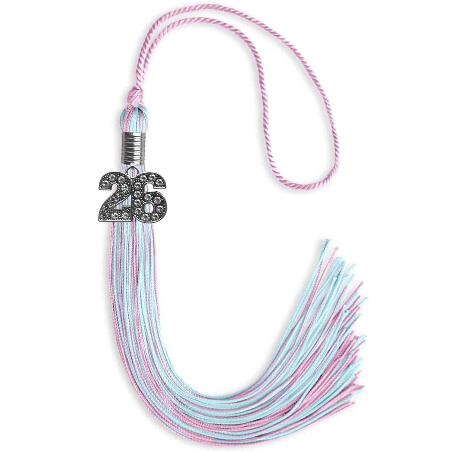 Pink/Light Blue Mixed Color Graduation Tassel with Silver Bling Charm by Wholesale Grad Supply