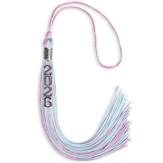 Pink/Light Blue Mixed Color Graduation Tassel with Stacked Silver Date Drop by Wholesale Grad Supply