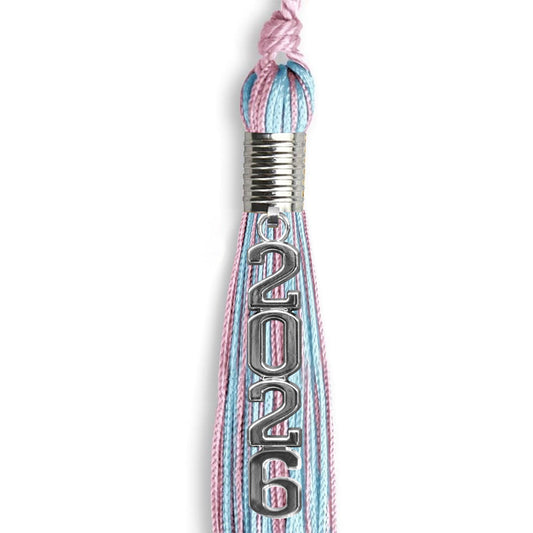 Pink/Light Blue Mixed Color Graduation Tassel with Stacked Silver Date Drop by Wholesale Grad Supply