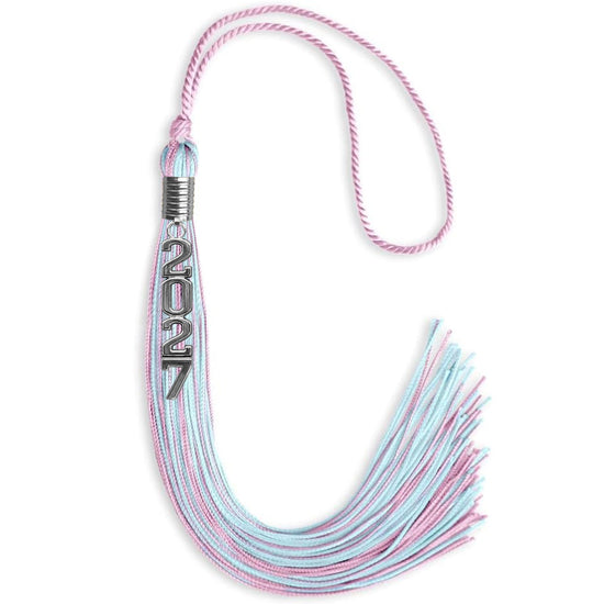 Pink/Light Blue Mixed Color Graduation Tassel with Stacked Silver Date Drop by Wholesale Grad Supply