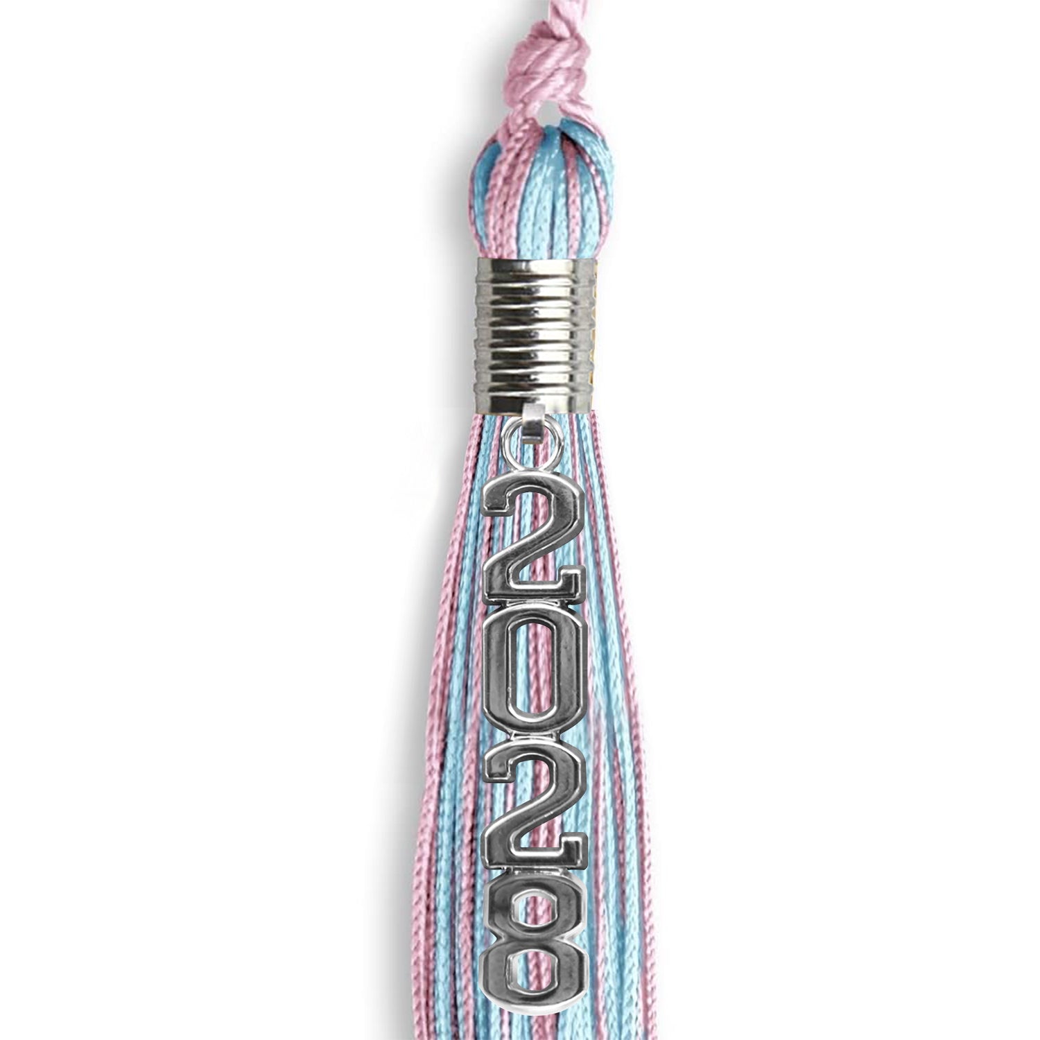 Pink/Light Blue Mixed Color Graduation Tassel with Stacked Silver Date Drop by Wholesale Grad Supply