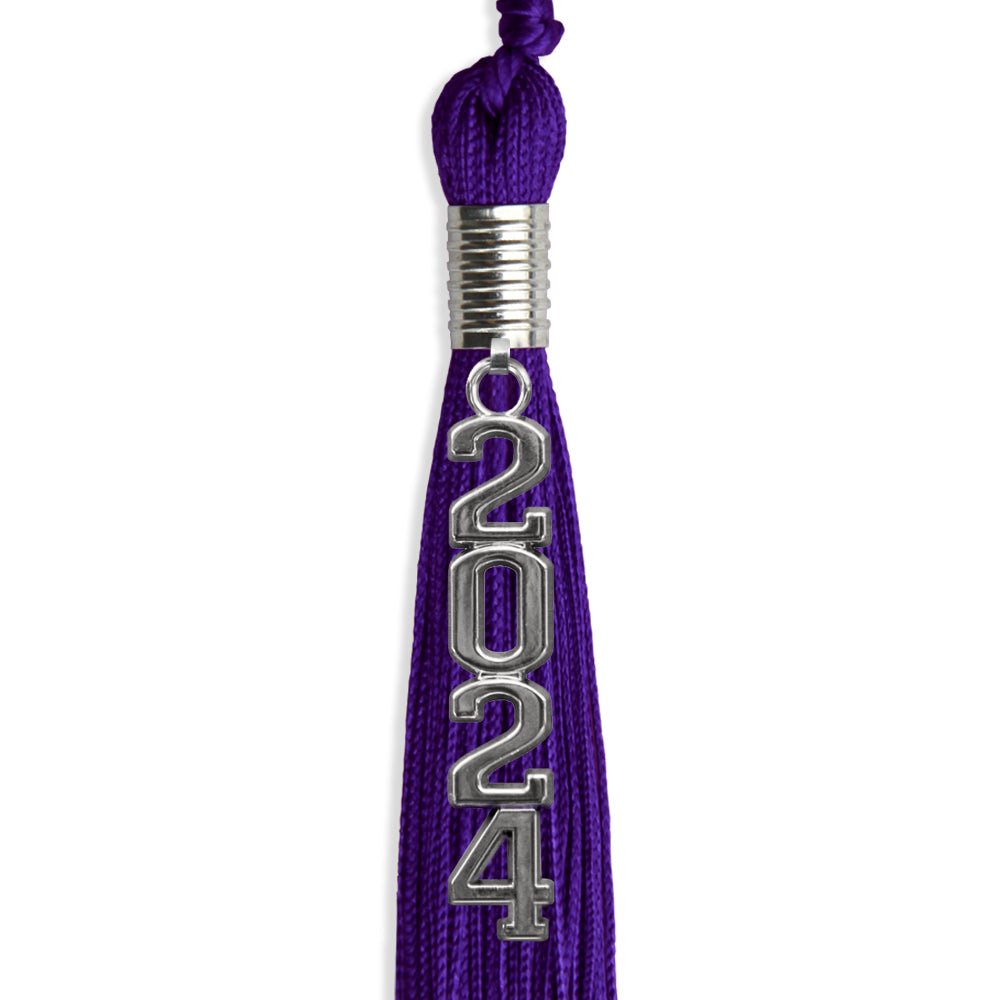 Purple Graduation Tassel with Silver Stacked Date Drop by Wholesale Grad Supply