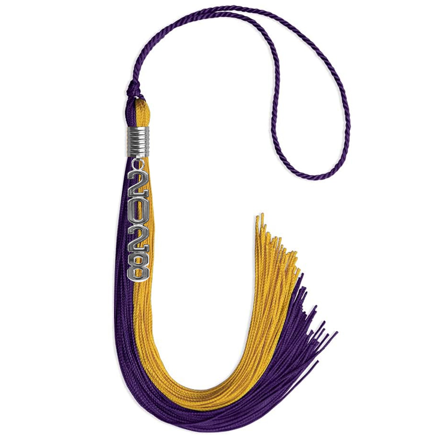 Purple/Bright Gold Graduation Tassel with Silver Stacked Date Drop by Wholesale Grad Supply