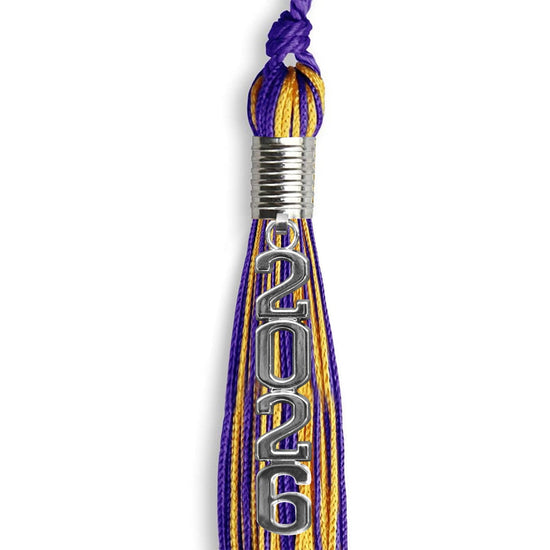 Purple/Gold Mixed Color Graduation Tassel with Stacked Silver Date Drop by Wholesale Grad Supply