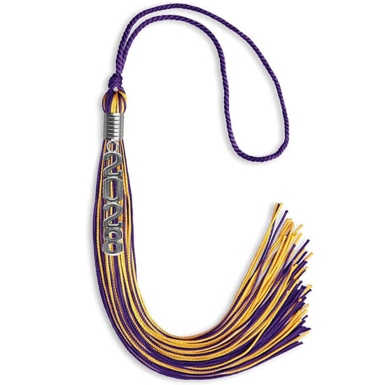 Purple/Gold Mixed Color Graduation Tassel with Stacked Silver Date Drop by Wholesale Grad Supply