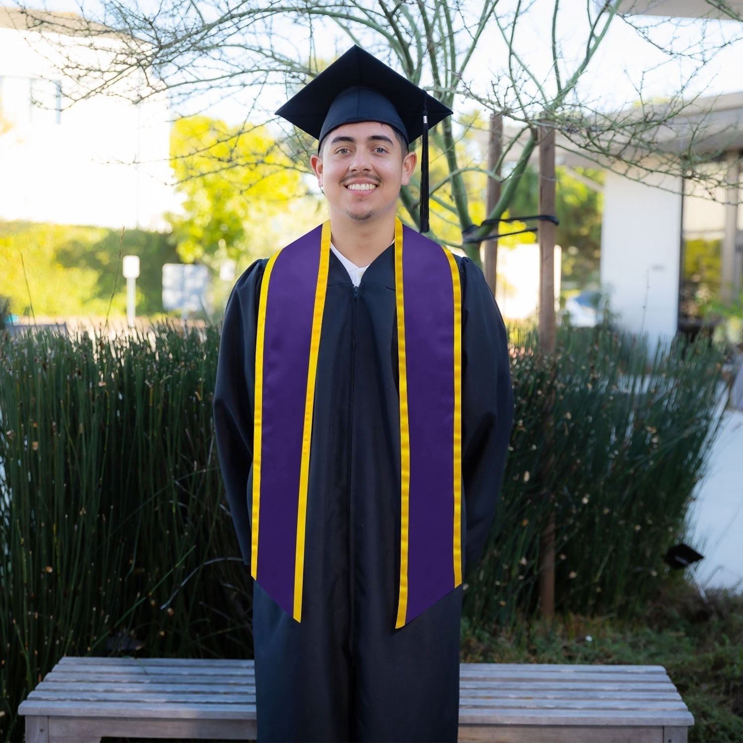 Purple/Gold Plain Graduation Stole with Trim Color & Angled End by Wholesale Grad Supply