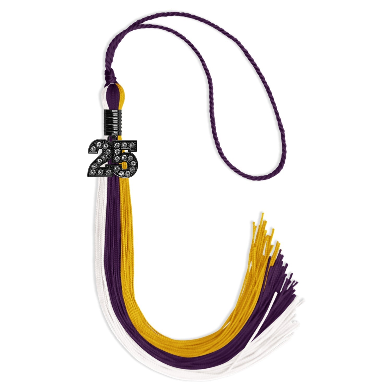 Purple/Gold/White Graduation Tassel with Black Bling Charm by Wholesale Grad Supply