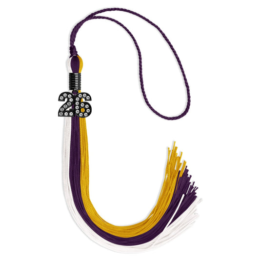 Purple/Gold/White Graduation Tassel with Black Bling Charm by Wholesale Grad Supply
