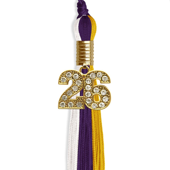 Purple/Gold/White Graduation Tassel with Gold Bling Charm by Wholesale Grad Supply