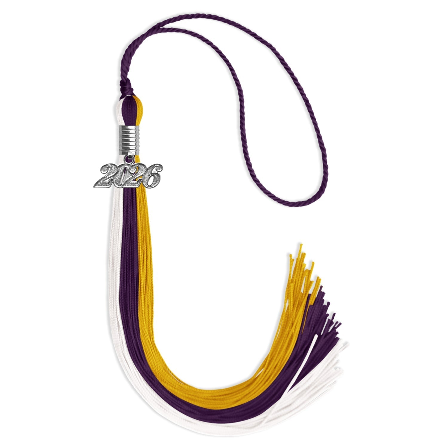 Purple/Gold/White Graduation Tassel with Silver Bling Charm by Wholesale Grad Supply