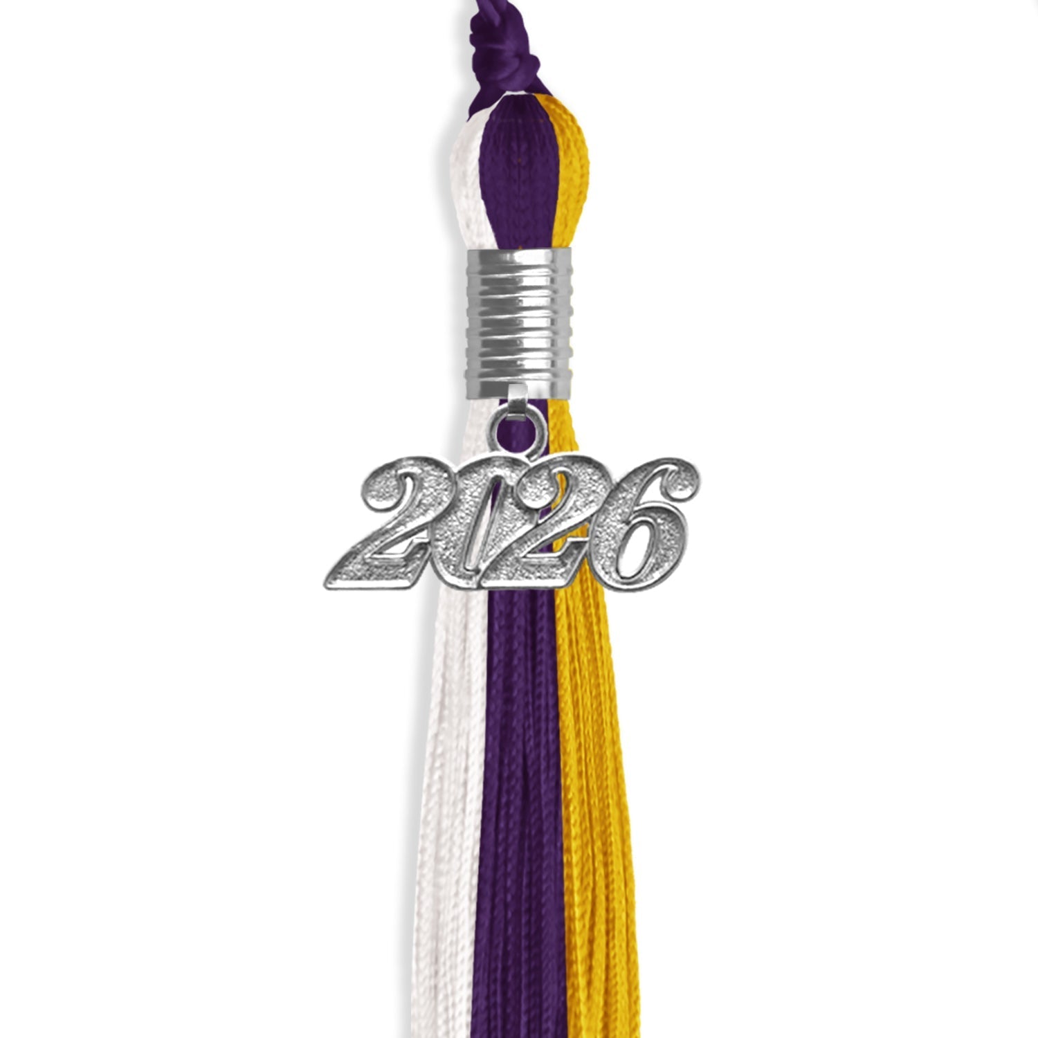 Purple/Gold/White Graduation Tassel with Silver Bling Charm by Wholesale Grad Supply