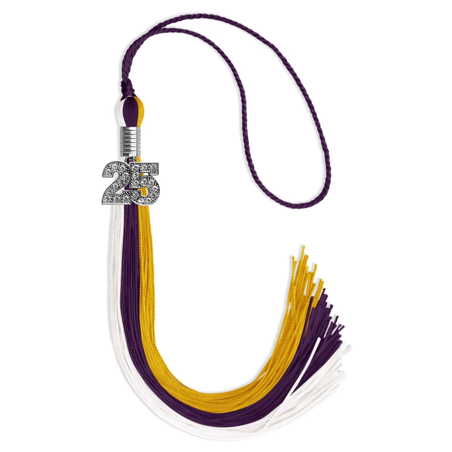 Purple/Gold/White Graduation Tassel with Silver Bling Charm by Wholesale Grad Supply