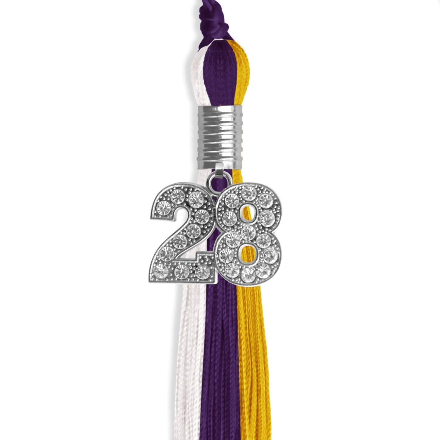 Purple/Gold/White Graduation Tassel with Silver Bling Charm by Wholesale Grad Supply