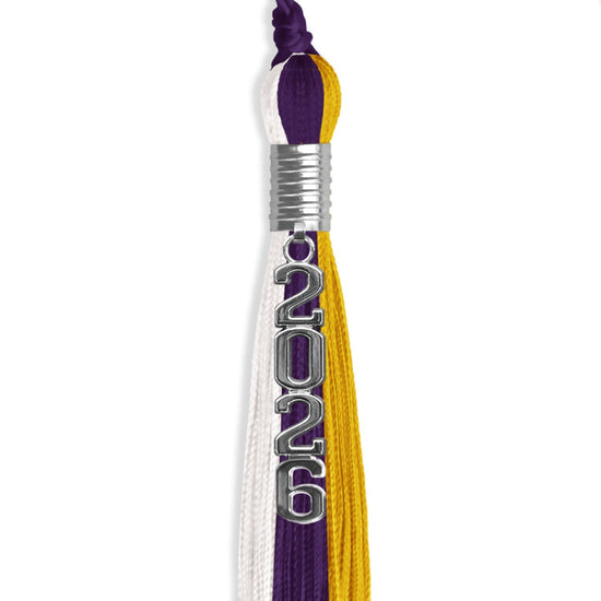 Purple/Gold/White Graduation Tassel with Silver Stacked Date Drop by Wholesale Grad Supply