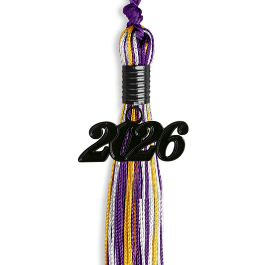Purple/Gold/White Mixed Color Graduation Tassel with Black Bling Charm by Wholesale Grad Supply