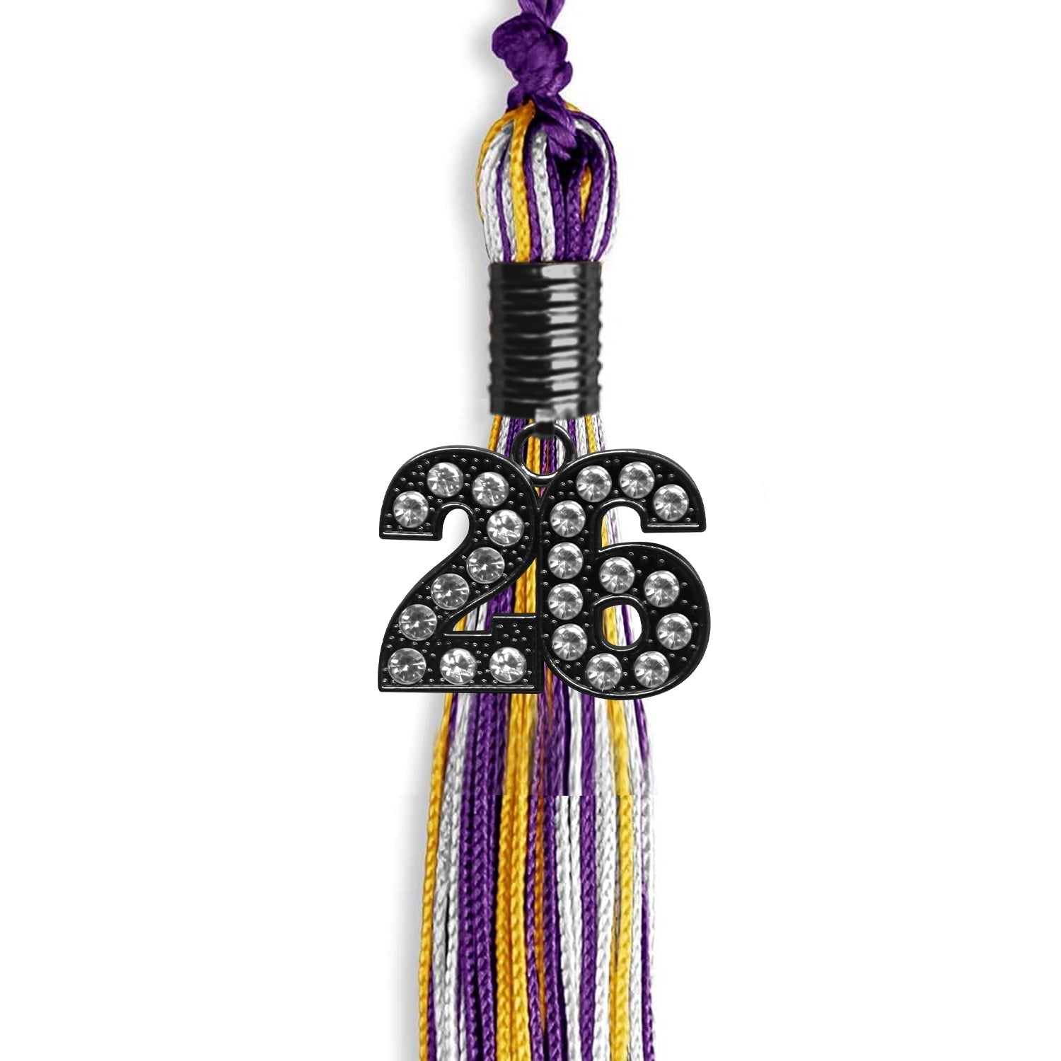 Purple/Gold/White Mixed Color Graduation Tassel with Black Bling Charm by Wholesale Grad Supply