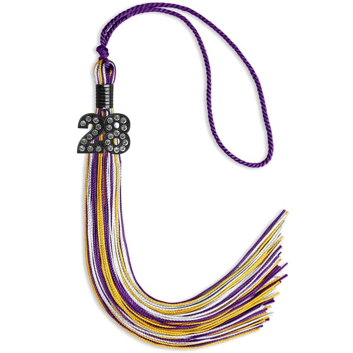 Purple/Gold/White Mixed Color Graduation Tassel with Black Bling Charm by Wholesale Grad Supply